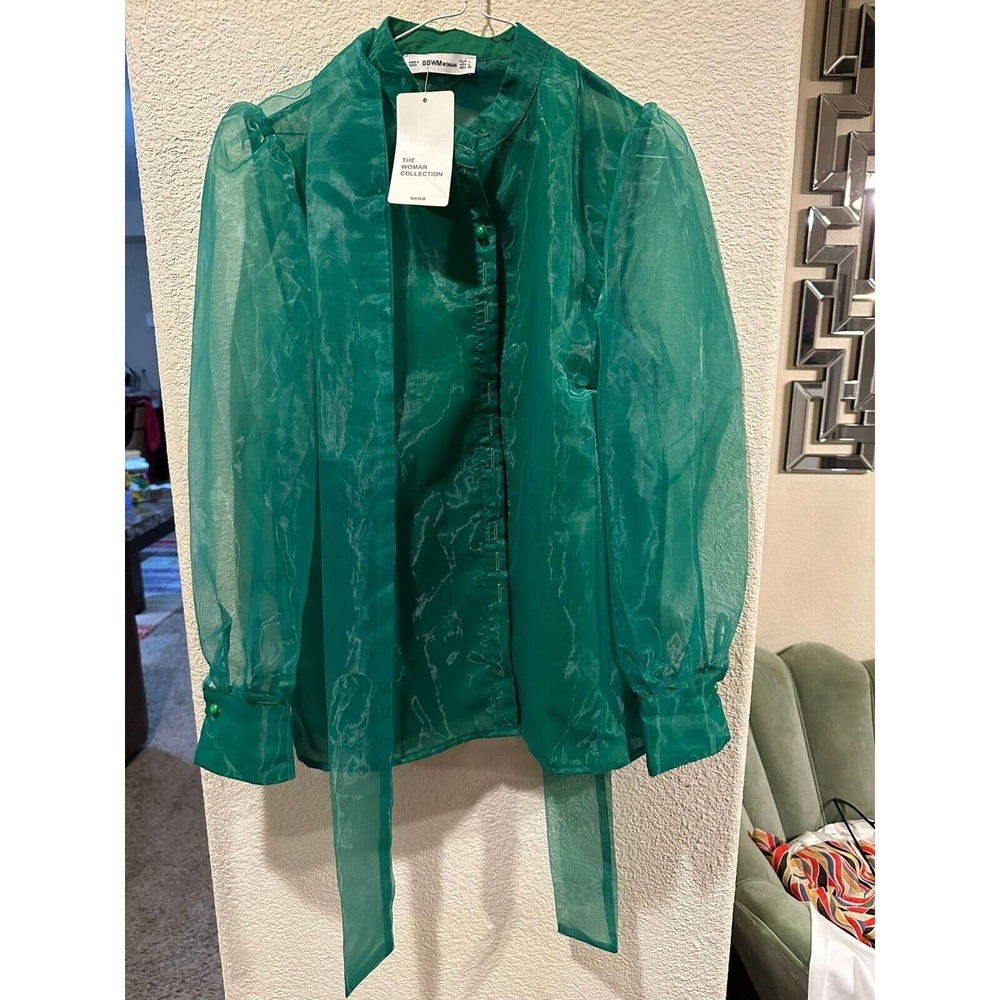 BBWM Woman Green Sheer Fabric Stylish Blouse Size L